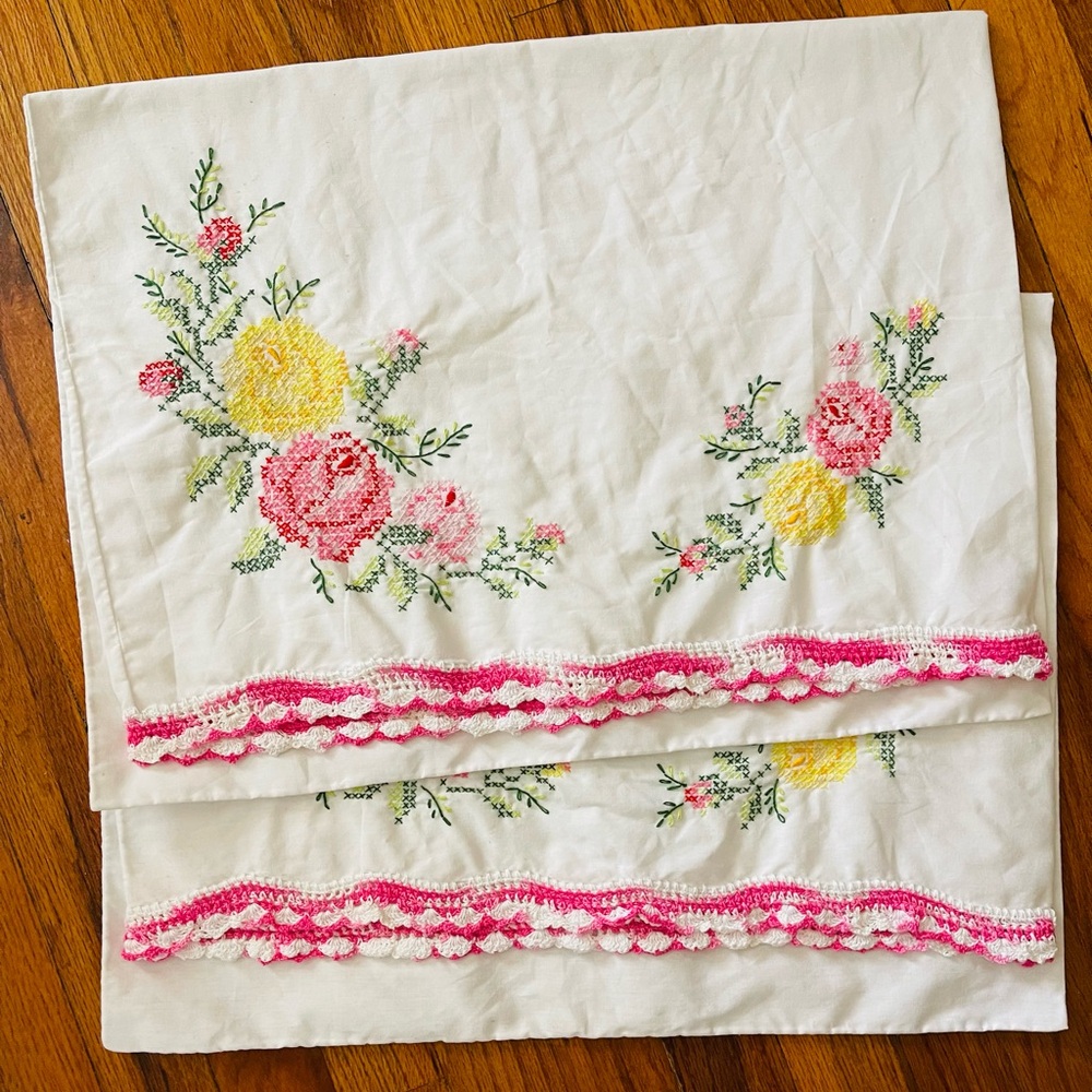 Pair of Vintage Floral Embroidered Pillowcases with Pink Tatting
